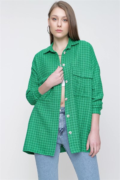 Kadın Zümrüt Yeşil Çift Cep Gömlek
