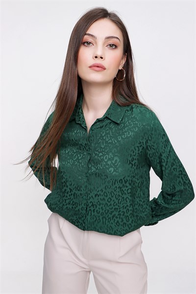 Kadın Zümrüt Yeşil Desenli Saten Gömlek