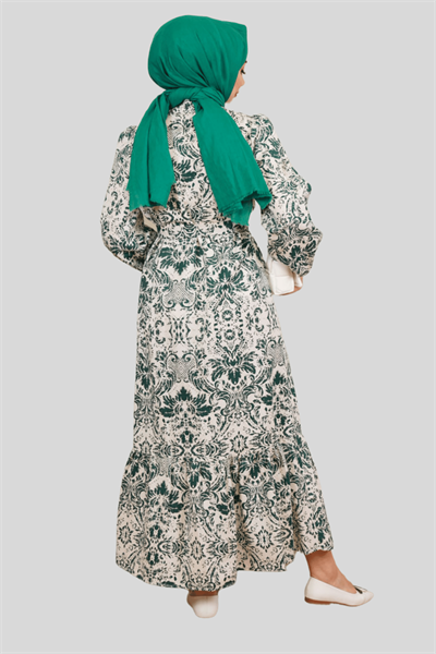 Kadın Zümrüt Yeşil Düğmeli Etnik Desen Boydan Elbise