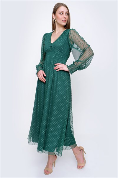 Kadın Zümrüt Yeşil V Yaka Gipeli Uzun Elbise