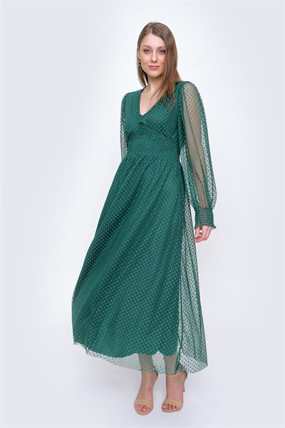 Kadın Zümrüt Yeşil V Yaka Gipeli Uzun Elbise