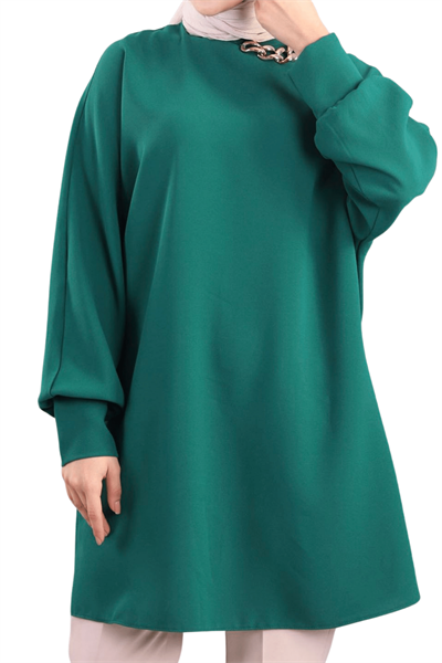 Kadın Zümrüt Yeşil Yaka Zincir Detaylı Tunik