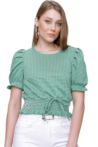 Kadın Zümrüt Yeşili Balon Kol Pitikare Bluz